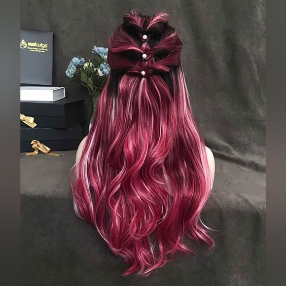 Uniwigs Cranberry Frost Hot Pink & Red Blend with Black Rooted Lace Front Wig - Picture 3 of 10